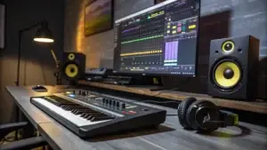 Premium music production studio with DAW workflow, MIDI keyboard, and headphones in a dark moody environment with yellow accents.